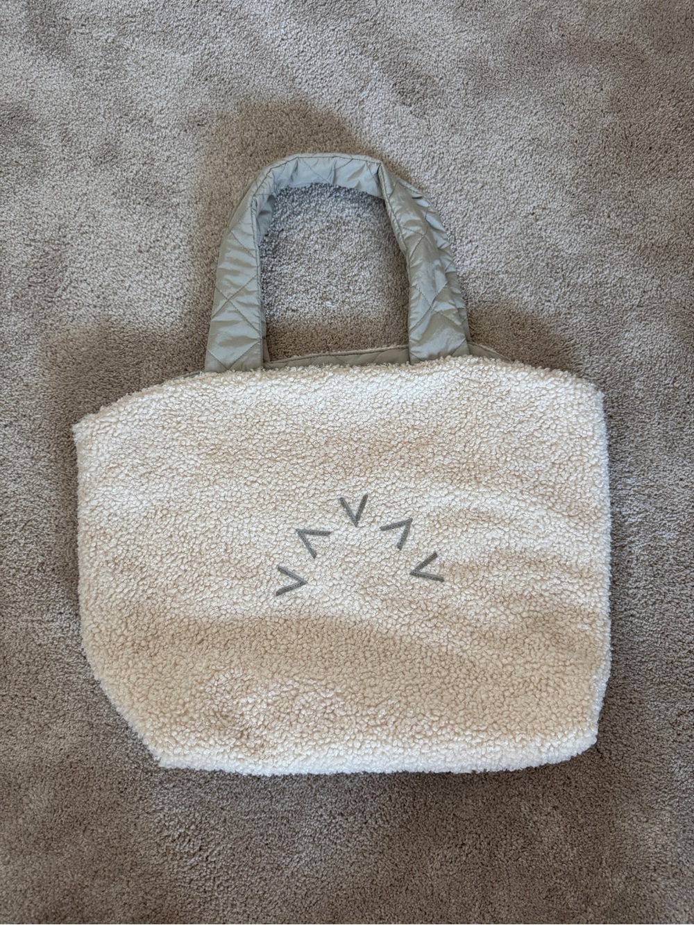 Varley Cream Sherpa reversible Tote with Quilted Gray Handles